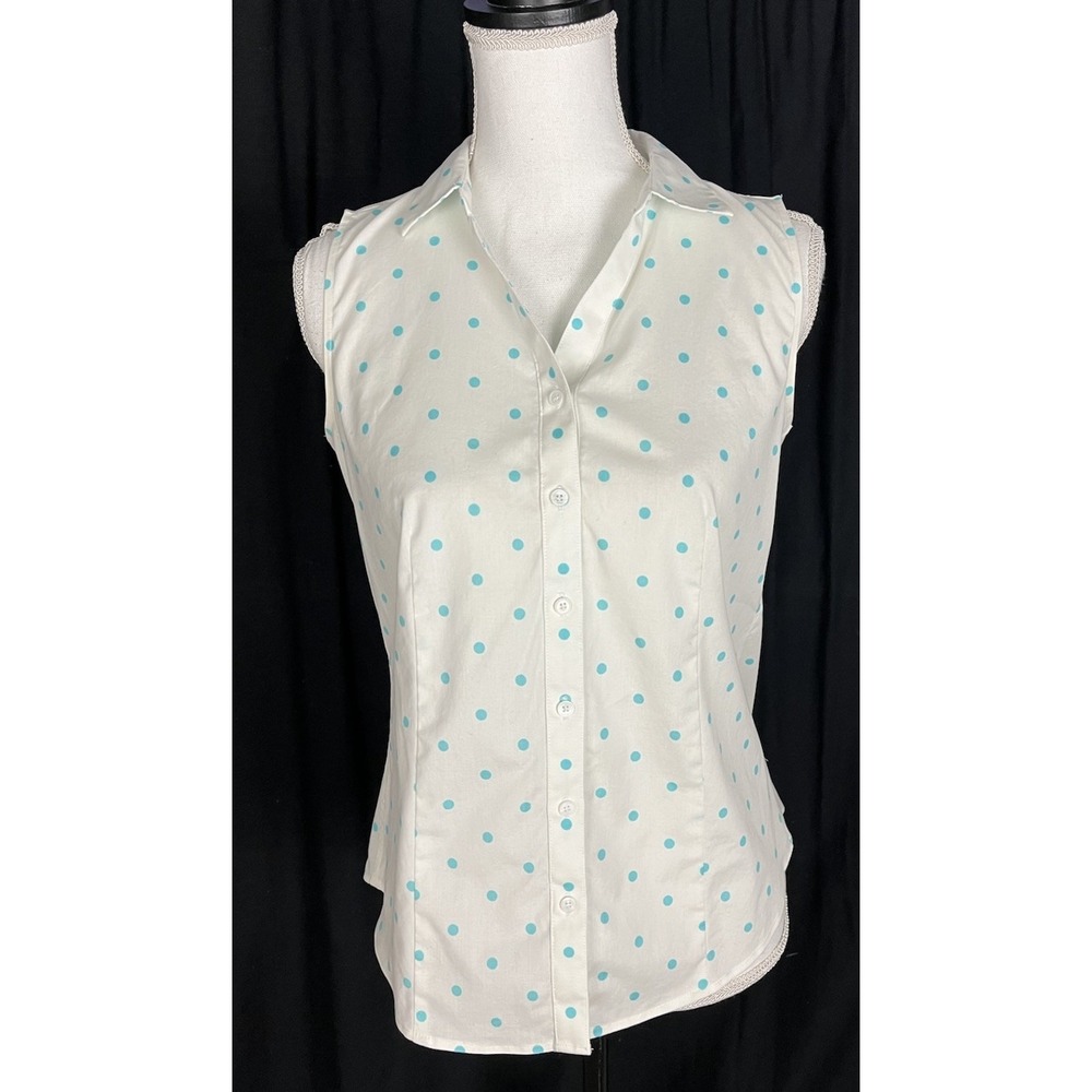 TALBOTS Women BLOUSE Sleeveless Stretch Cotton NON IRON Turquoise Polka Dot 4P